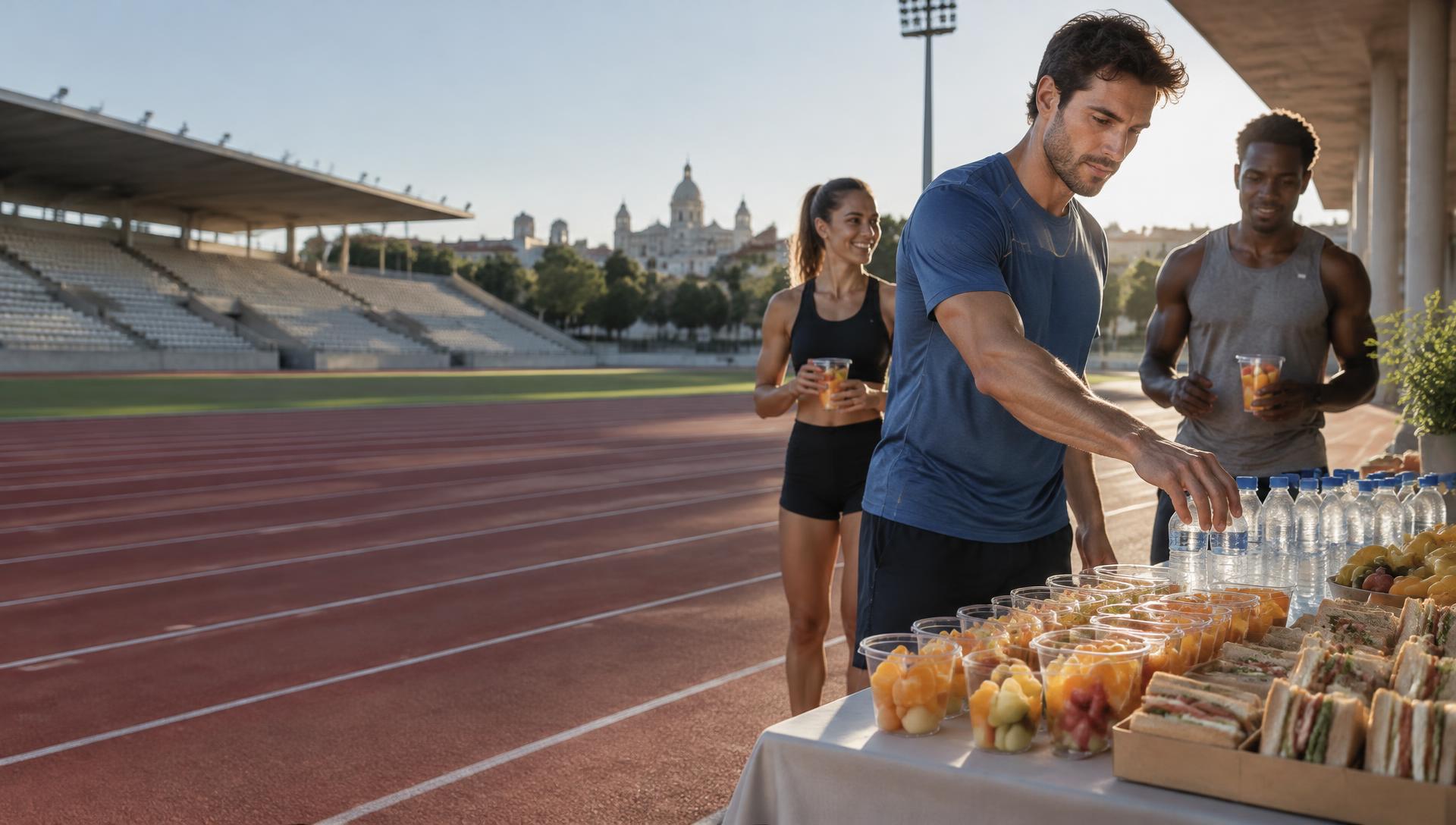 Deportistas recibiendo agua y refrigerios junto a una pista de atletismo